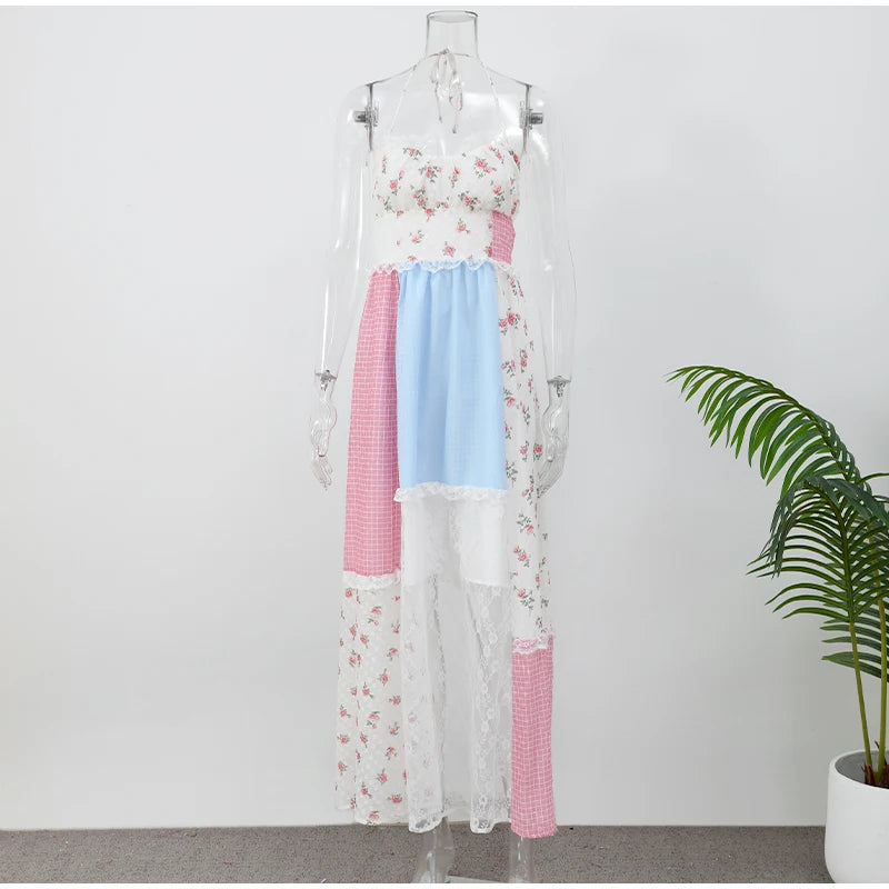Aiertu  -  Elegant Print Perspective Lace Patchwork Long Dress Women Halter Backless Sleeveless Dresses Summer Lady Sweet High Street Robe Aiertu