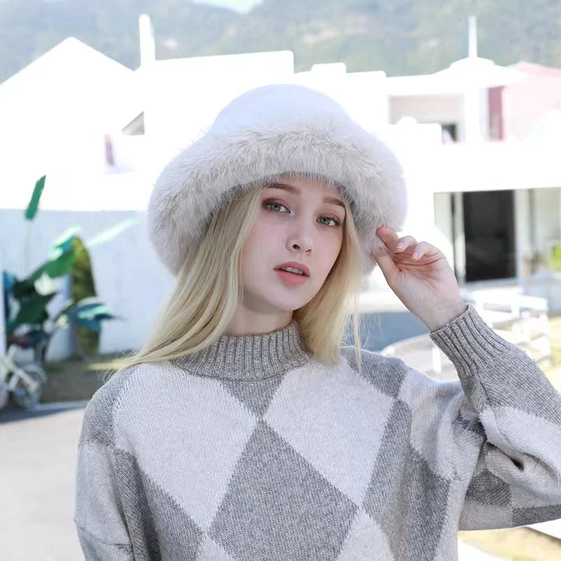 Aiertu  -  Autumn Winter Women Keep Warm Rainbow Faux Fox Fur Basin Cap Female Fashion Casual Party Bucket hat Music Festival Thickened Hat Aiertu