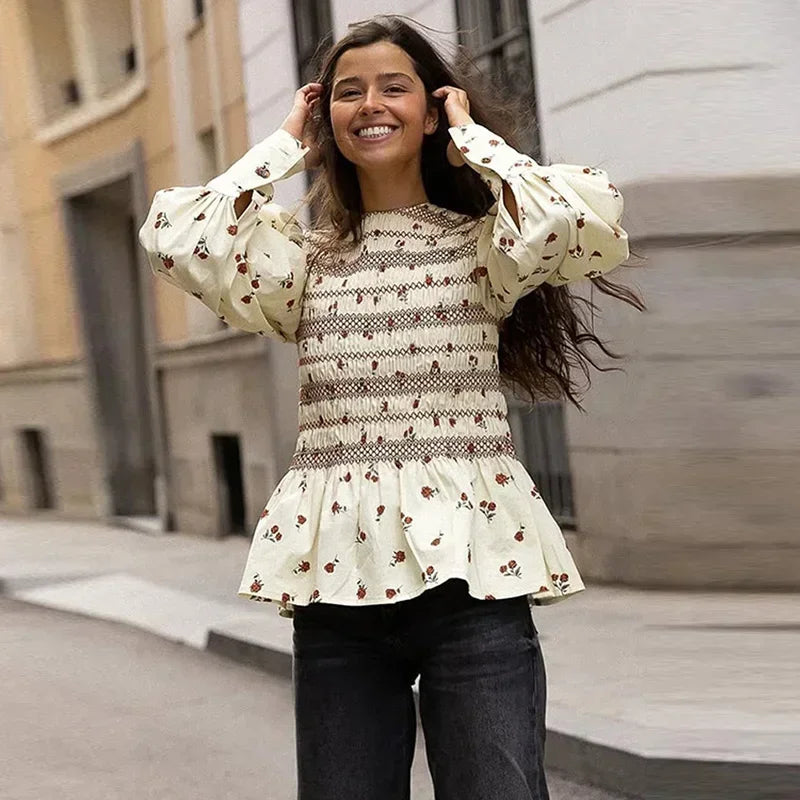 Aiertu  -  Print Pleated Women Shirt Bohemian Long Flare Sleeve Female Shirts 2025 Elegant O Neck Spring  A Line Patchwork Lady Blouse Aiertu