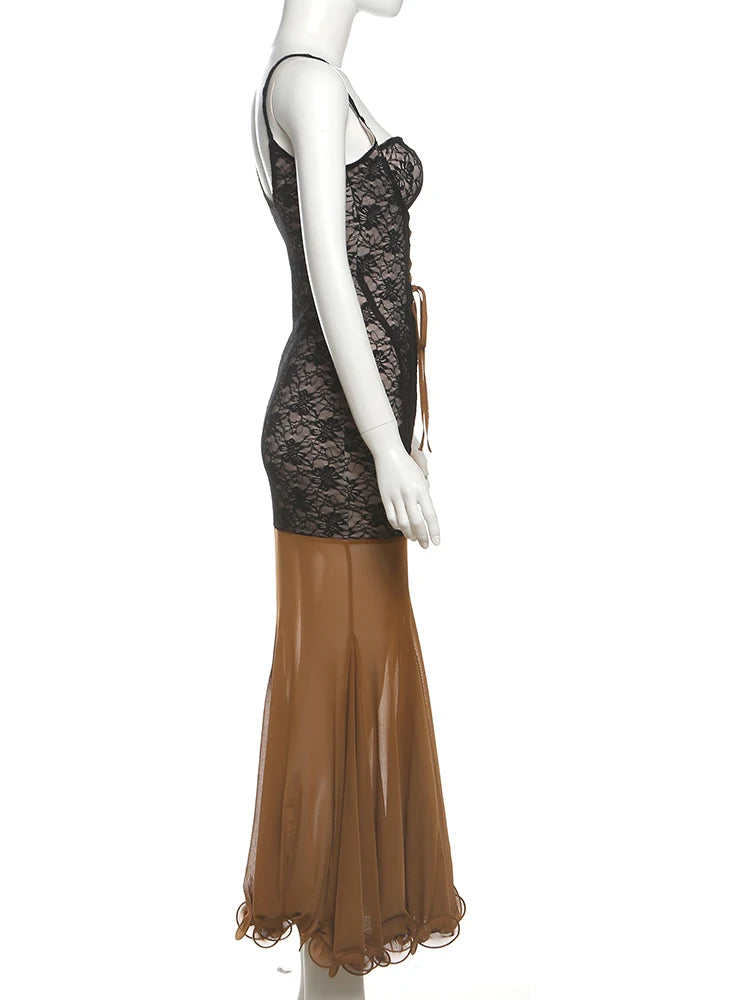 Aiertu  -  Backless Sleeveless Mesh Patchwork Jacquard Maxi Dress Women Hollow Cross Bandage Fishtail Low-Neck Vacation Vestidos Aiertu