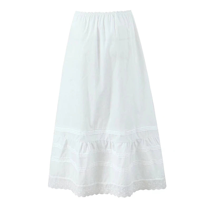 Aiertu  -  Summer Women Sexy Low Waist Lace Spliced A-line Midi Cotton White Skirt Holiday New 2025 Aiertu