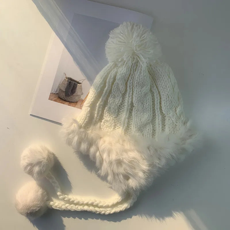 Aiertu  -  Winter Furry Knitted Hat for Women Girls Rabbit Fur Pompom Woolen Beanies Plush Thick Ear Protection Cap Windproof Skiing Bonnet Aiertu