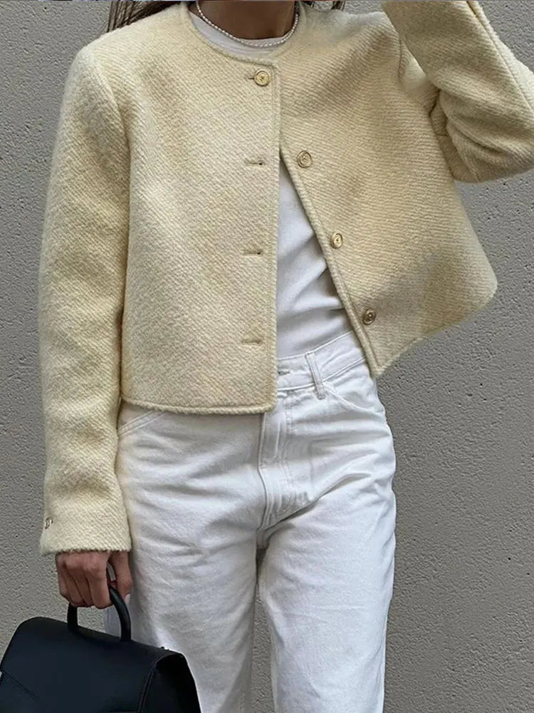 Aiertu  -  Women Elegant White Single Breasted Cropped Jacket Autumn Lady Long Sleeve O-neck Short Coat Fashion Female Commuting Outerwear Aiertu