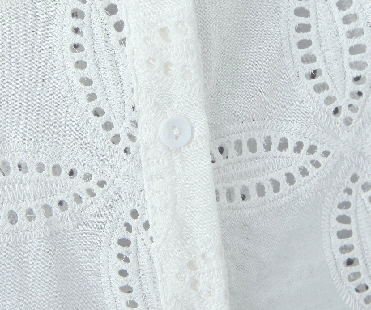 Aiertu  -  2 Pieces 1 Set 2025 Sexy Women White Embroidery Hole Loose Short Sleeve Shirt Back Zipper High Waist Package Hips Mini Skirts Aiertu