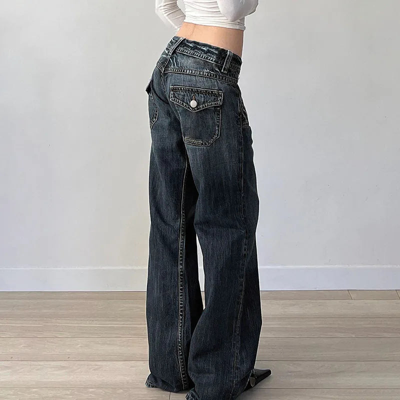 Aiertu  -  Grunge Aesthetic Flare Jeans Women Retro Stylish Y2K Dark Blue Denim Pants Spring Outfits Casual Slim Trousers Ladies Aiertu