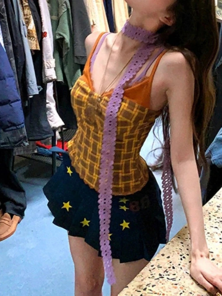 Aiertu  -  Fake Two Pieces Plaid Patchwork Grunge Tank Top Y2k Aesthetic Lace Bodycon Sexy Camisole Summer Streetwear Cropped Fairy Vest Aiertu