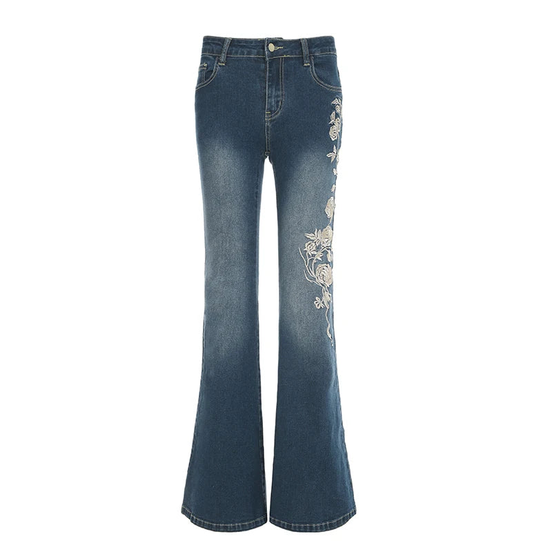 Aiertu  -   Y2K Rose Embroidered Trumpet Jeans Women Fashion Aesthetic Slim Flare Pants Vintage Blue 2000s Denim Trousers Spring Aiertu