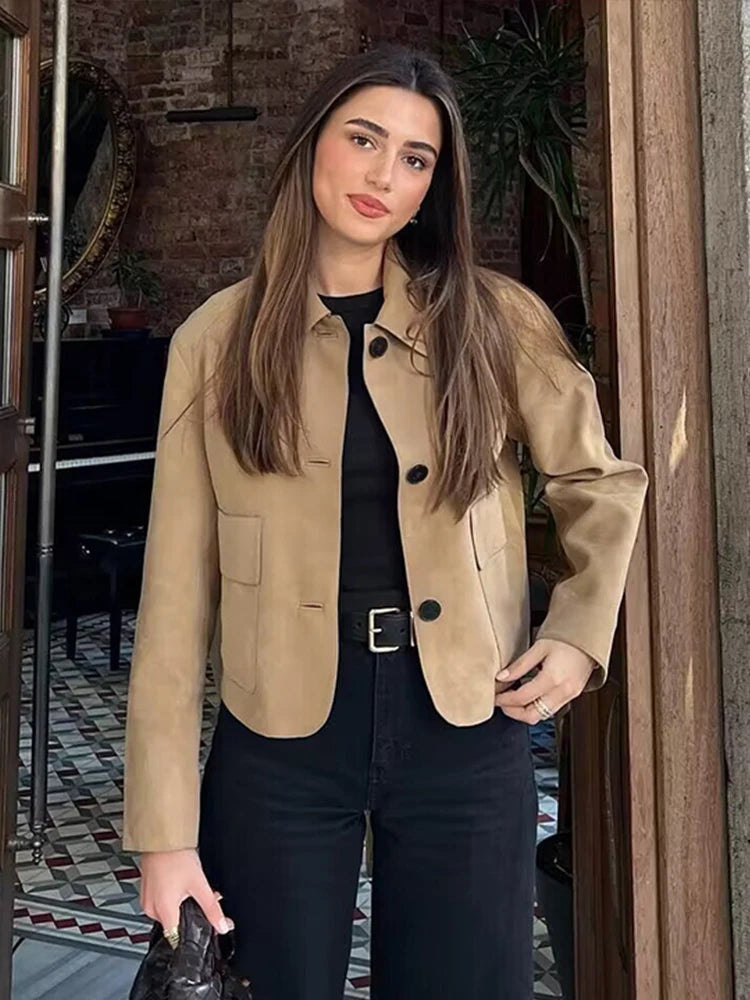 Aiertu  -  Women Flip Collar Long sleeved Chamois Jacket Dark Brown Double Pocket Loose Casual Fashion Classic Short Coat 2026 Autumn New Aiertu
