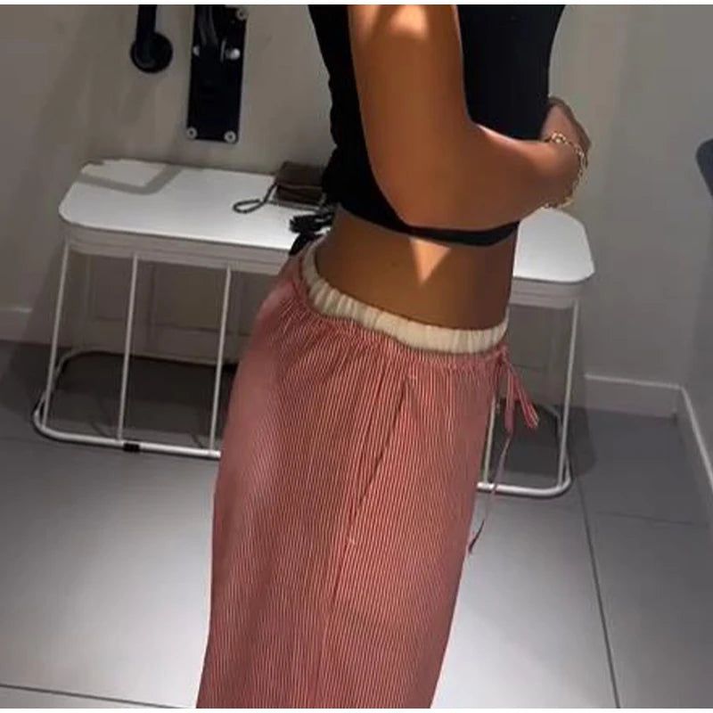 Aiertu  -  Casual Baggy Pants Women High Waist Wide Leg Straight Drawstring 2025 Summer Trouser Low Waist Striped Holiday Street Pants Aiertu
