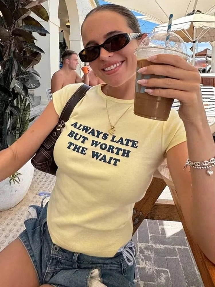 Aiertu  -  Y2K Light Yellow T-shirts for Women 2026 Summer O-neck Short Sleeve Letter Print Slim T Shirt Streetwear Girls Tees Crop Tops Aiertu
