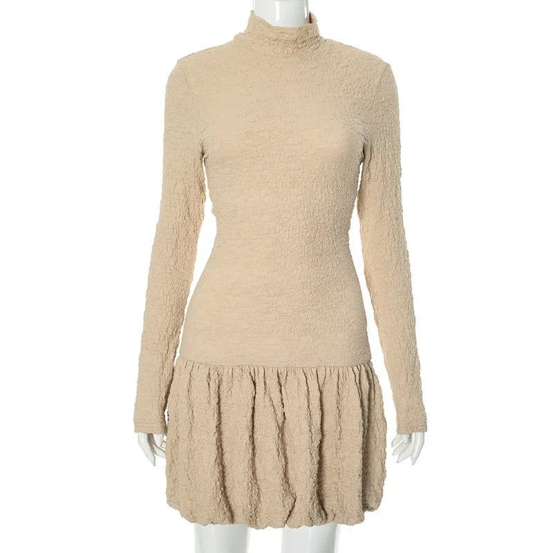 Aiertu  -  Slim Textured Bud Mini Dress Female Fashion Half High Collar Long Sleeve Splice Folds Dresses Women's Club Party Outfits Aiertu