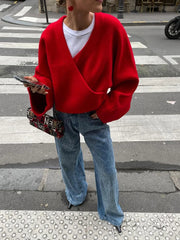 Aiertu  -  Chic Retro Red Women V-neck Loose Woolen Pullover Jacket Long Sleeve Knitted Sweater 2026 New Autumn Female Casual Knitwear Top Aiertu