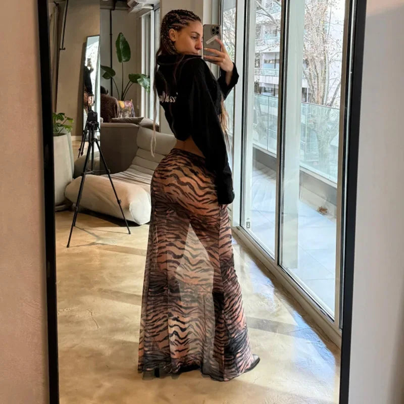 Aiertu       -  Mesh Stitching Leopard Sexy See-Through Long Skirt Female Animal Print Slim High Waist Skirts Hot Girl Fashion Streetwear Aiertu