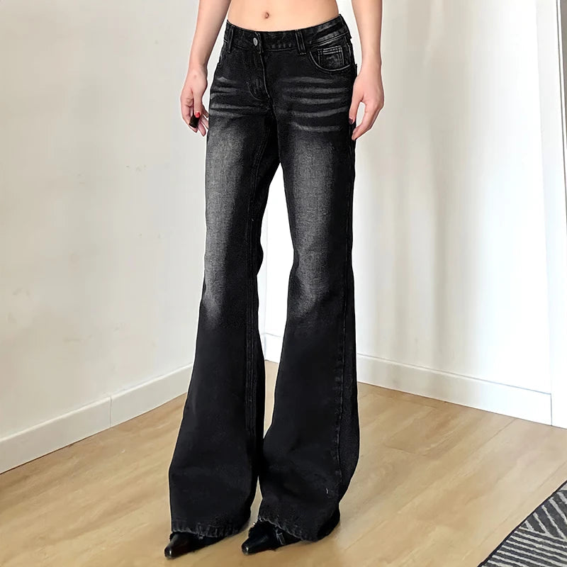 Aiertu  -  Y2K Dark Gray Washed Flare Jeans Women Grunge Aesthetic Slim Boot Cut Denim Pants Vintage 2000s Casual Trousers Basic Aiertu