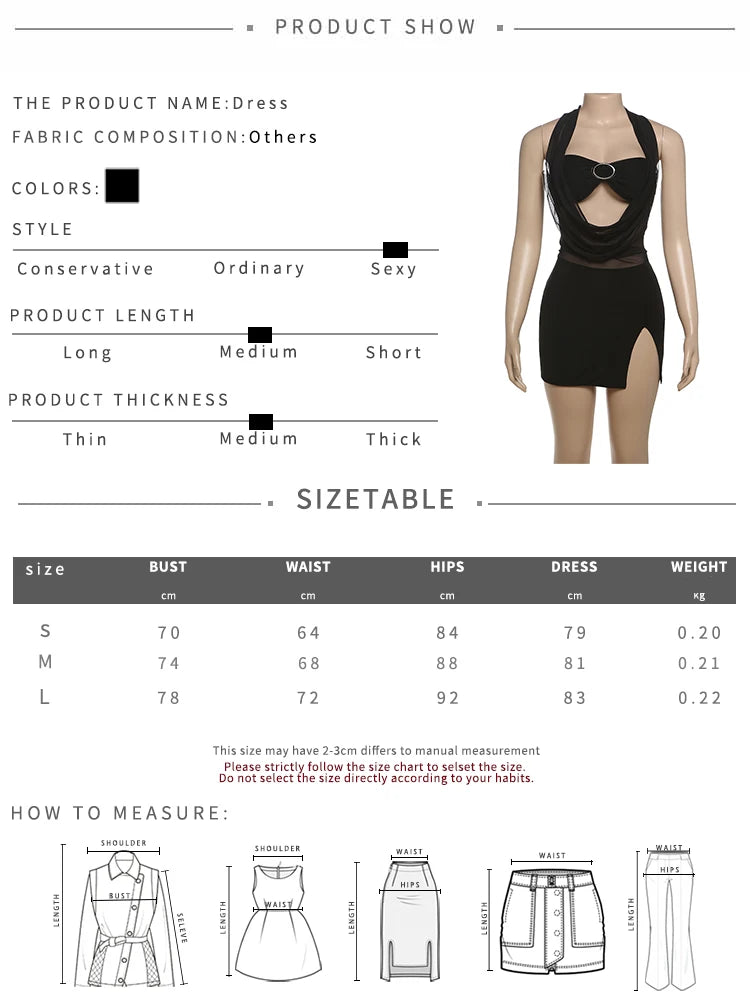 Aiertu  -  Sexy Frenulum Women Dress Mesh Halter Patchwork Wrap Chest Buckle Hollow Backless Sleeveless Swing Collar Mini Bodycon Aiertu