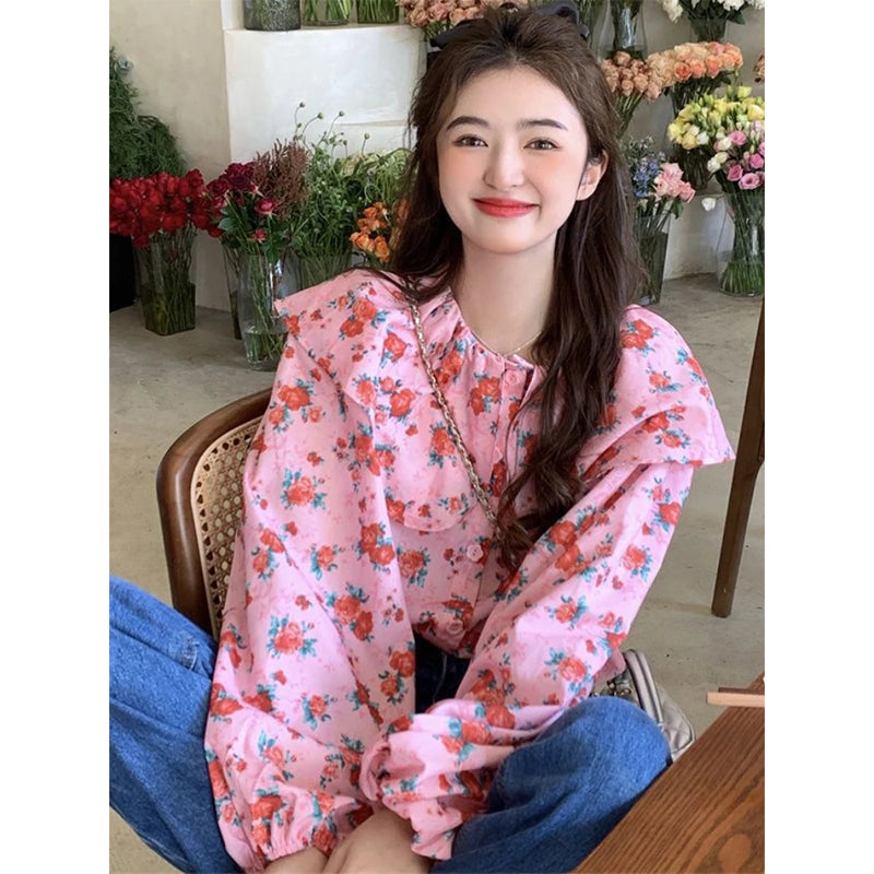 Aiertu Vintage Sweet Floral Shirts Women Cute Love Heart Print Peter Pan Collar Puff Long Sleeve Blouse Korean Preppy Casual Tops Aiertu
