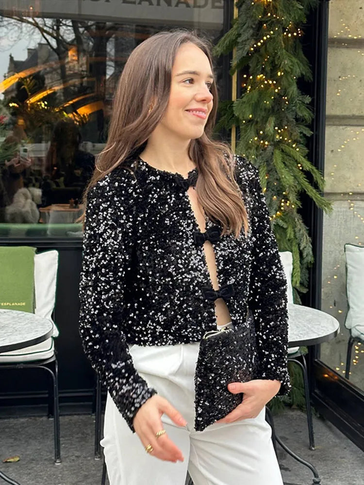 Aiertu  Elegant Sequin Women Cardigan Coat O Neck Hollow Out Bow Tied Shinny Short Top Female Long Sleeve Fashion Highstreet Outerwear Aiertu