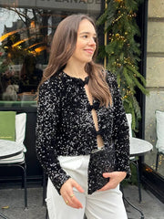 Aiertu  Elegant Sequin Women Cardigan Coat O Neck Hollow Out Bow Tied Shinny Short Top Female Long Sleeve Fashion Highstreet Outerwear Aiertu