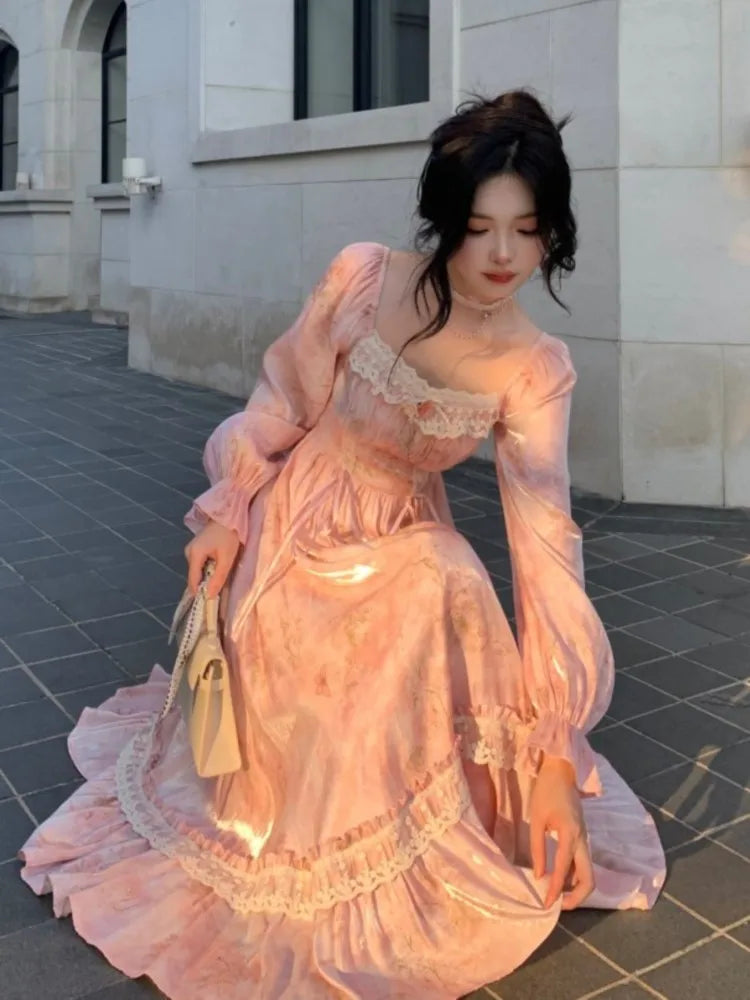 Aiertu  -  Elegant Sweet Pink Print Midi Dresses for Women Flower Square Collar Lantern Sleeve Lace Patchwork Long Dress Autumn Party Robe Aiertu