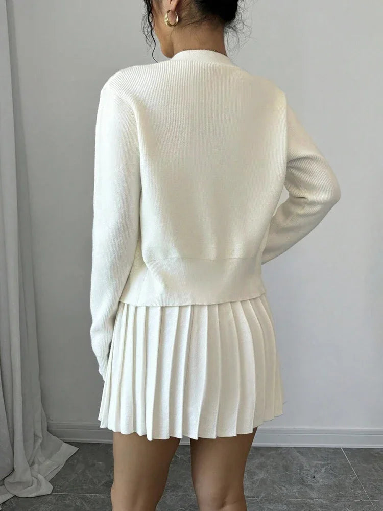 Aiertu      -  Retro Knitted Long Sleeve Sweater High-Waisted Pleated Skirt Two Piece Set For Women Niche Solid Matching Sets Autumn New Aiertu