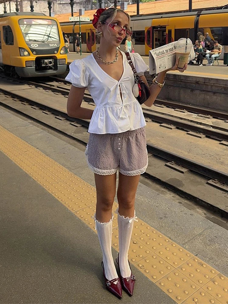 Aiertu  -  Elegant White V-neck Lace Up Shirt Women Retro Puffy Short Sleeve Waist-cinching Shirts Female 2025 Spring Chic Street Lady Tops Aiertu