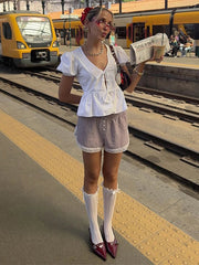 Aiertu  -  Elegant White V-neck Lace Up Shirt Women Retro Puffy Short Sleeve Waist-cinching Shirts Female 2025 Spring Chic Street Lady Tops Aiertu