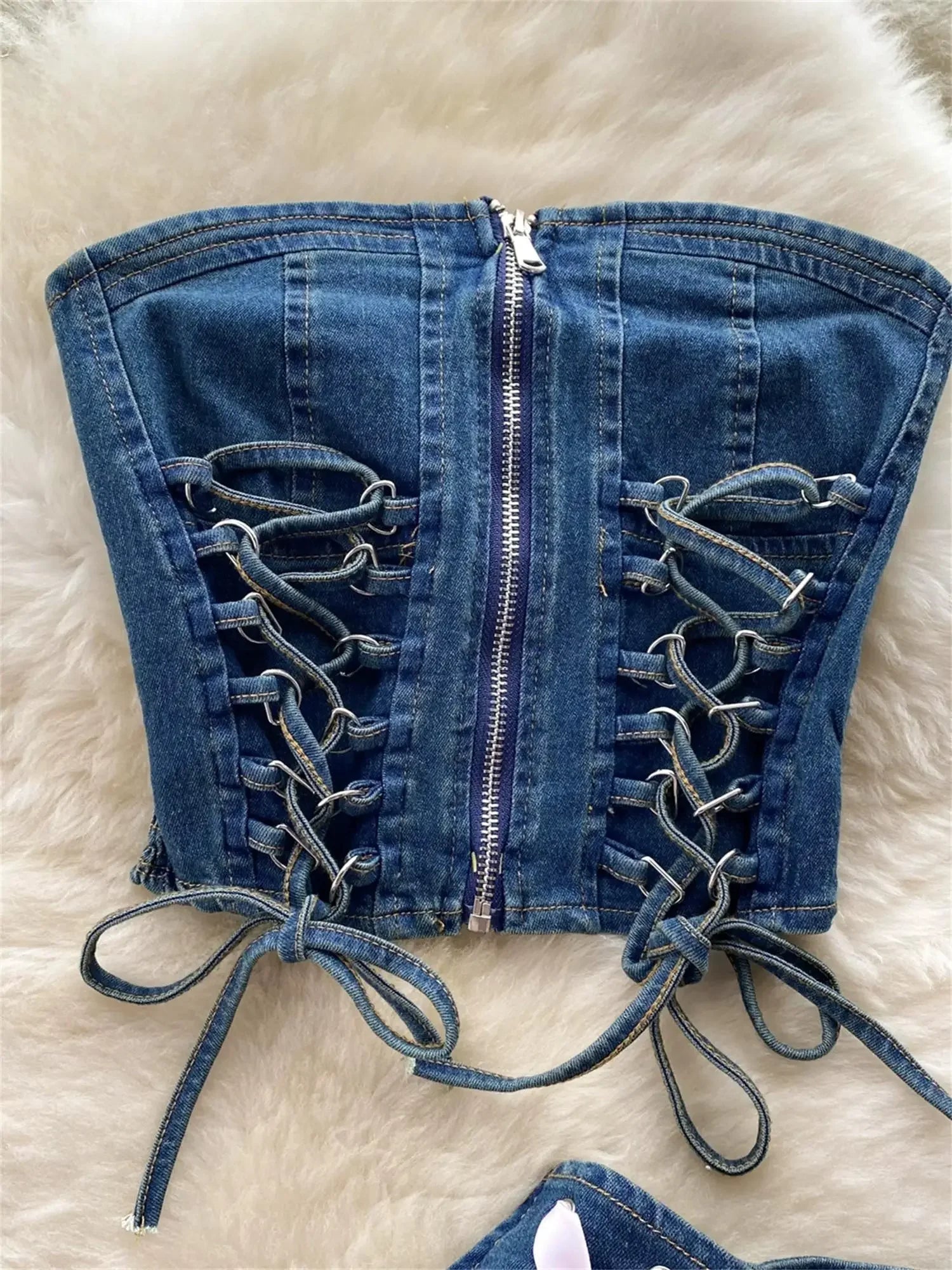 Aiertu  -  Y2K Sexy Mini Skirt Denim Tie Cross Bow Bandage Cape+denim Two-piece Zipper Strapless Tube Top Streetwear Set Aiertu