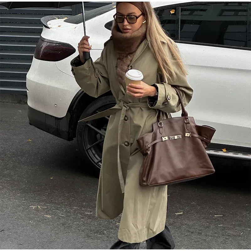 Aiertu  -  Casual Women's Patchwork Trench Coat With Belt Stripe Lining Lapel Button Full Sleeve Long Coats Autumn Lady Streetwear New Aiertu