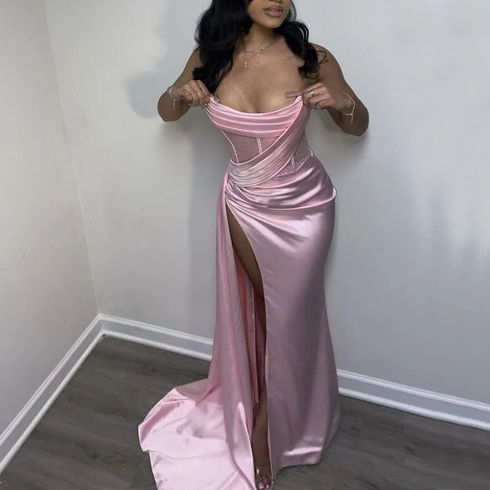 Aiertu Pink Mermaid Prom Dresses Strapless Thigh-High Slits See Through Girls Birthday Party Dress Matric Dance Gowns Customized Aiertu