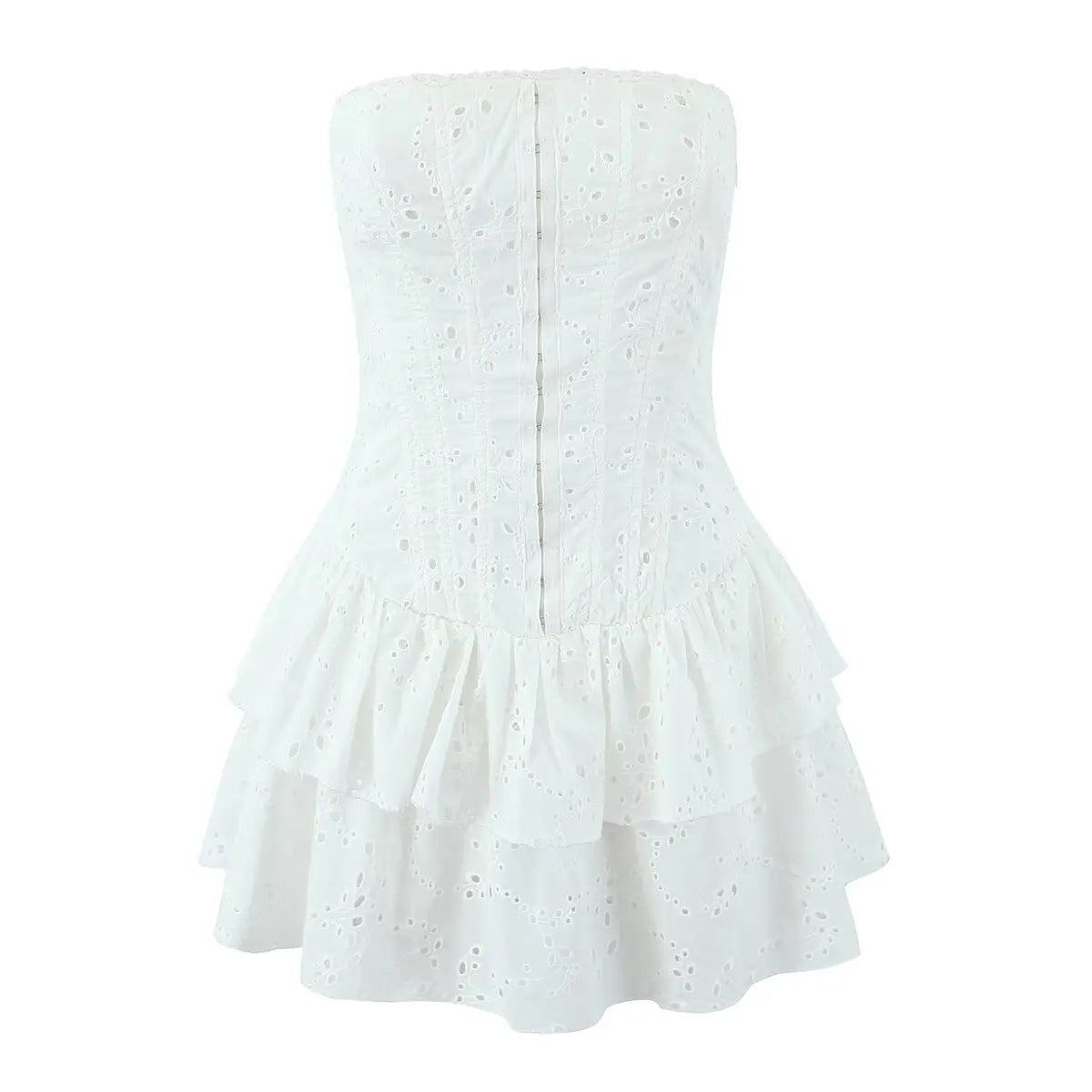 Aiertu  -  Sexy Women Black White Hollow Out Embroidery Strapless Dress Summer Cotton Fit And Flare Party Mini Robe Aiertu