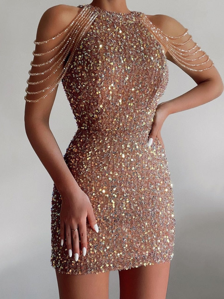 Aiertu  2025  Sexy Sleeveless Off Shoulder Skinny Dress Fashion Mini High Waist Party Dress for Women Elegant Halter Chain Sequin Dress Aiertu