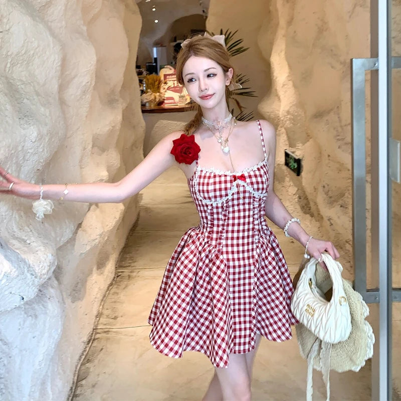 Aiertu  -  Japanese Lolita Party Mini Plaid Dress Women 2000s Vintage Evening Short Dress Office Lady Frocks Japanese Fairy Kawaii Clothing Aiertu