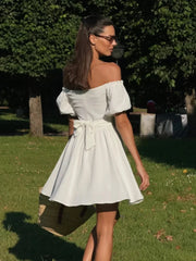 Aiertu  -  White Waist Lace-up Mini Dress Women Drawstring Off Shoulder Puff Sleeve A-line Dresses Summer Simple Casual Fashion Vestidos Aiertu
