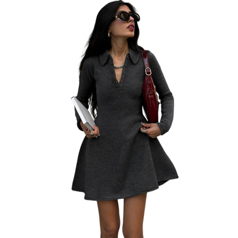 Aiertu  -  Sexy Y2K Fashion Dress Women Elegant Button Polo-Neck Full Sleeve Streetwear Casual Simple Daily Classic Mini Bodycon Aiertu