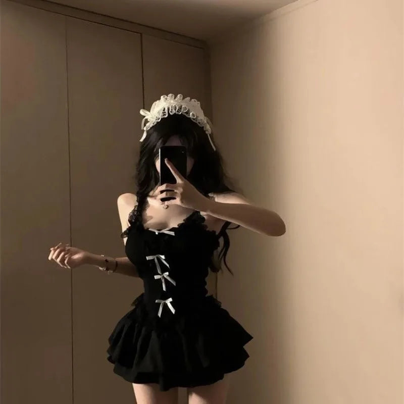 Aiertu  -  Sexy High Street Black Two Piece Sets Y2k Aesthetic Patchwork Lace Slim Bow Design Tank Top Punk A-line Tiered Girl Skirts Aiertu