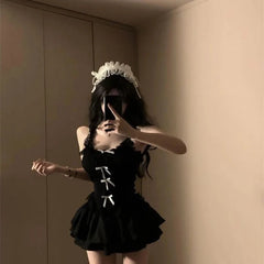 Aiertu  -  Sexy High Street Black Two Piece Sets Y2k Aesthetic Patchwork Lace Slim Bow Design Tank Top Punk A-line Tiered Girl Skirts Aiertu