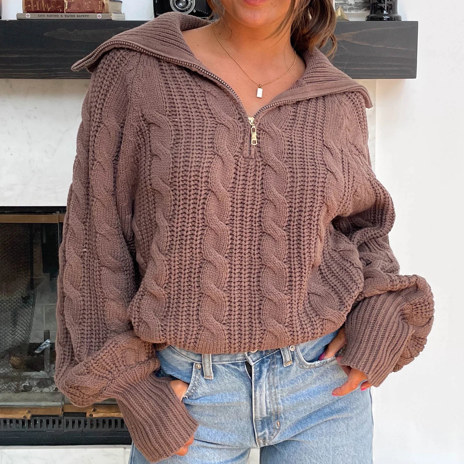 Aiertu  -  Women Cable Knit Chunky Sweater Comfy Long Sleeve Quarter Zip Knitted Pullover Fall Winter Trendy Half Zip Knitwea Aiertu