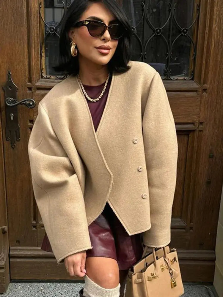 Aiertu  -  casual winter outfits Elegant Solid Single Breasted Women Coat Full Sleeve Loose Lady Jacket 2024 Fashion Winter Highstreet Autumn V Neck Lady Outwear Aiertu