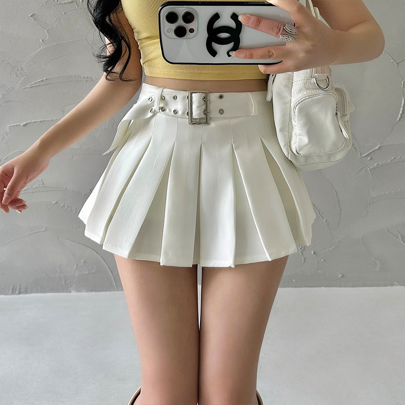 Aiertu Solid Color Pleated A-Line Low Waist Mini Skirt Aiertu