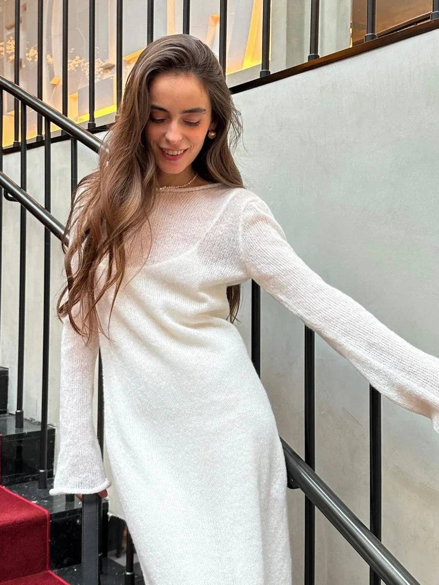 Aiertu  -  O-Neck Elastic Knitted Long Dress ï¼?Camisole Skirt Women Chic Soft Lady Hollowing Sweater Dresses 2 Pieces Sets Aiertu