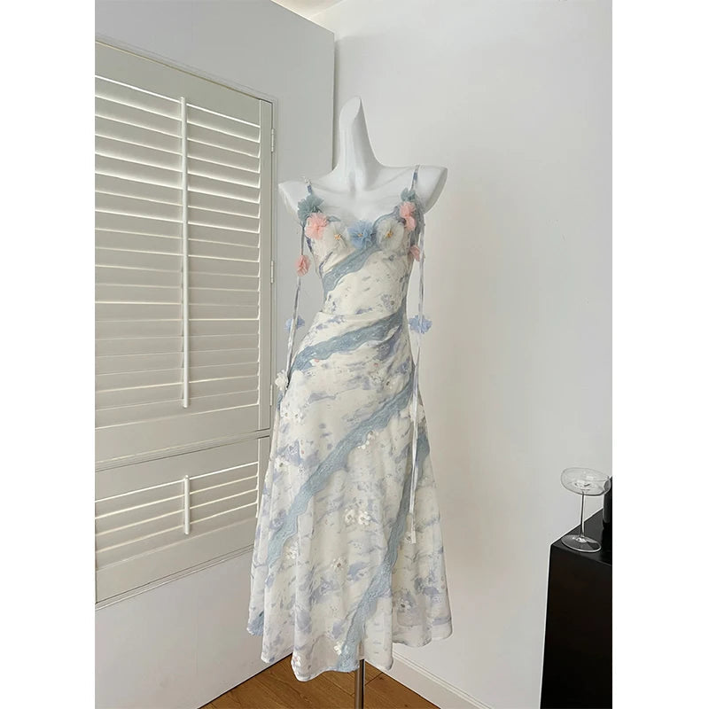 Aiertu  -  Fairy Print Midi Dress Women Fashion Elegant Vacation Floral Spaghetti Strap Dresses Summer Korean Sexy Bodycon Vestidos Aiertu