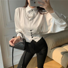Aiertu Elegant Cropped White Shirts Women Korean Fashion Black Batwing Long Sleeve Blouses Office Ladies Basic Chic Tunic Tops Aiertu