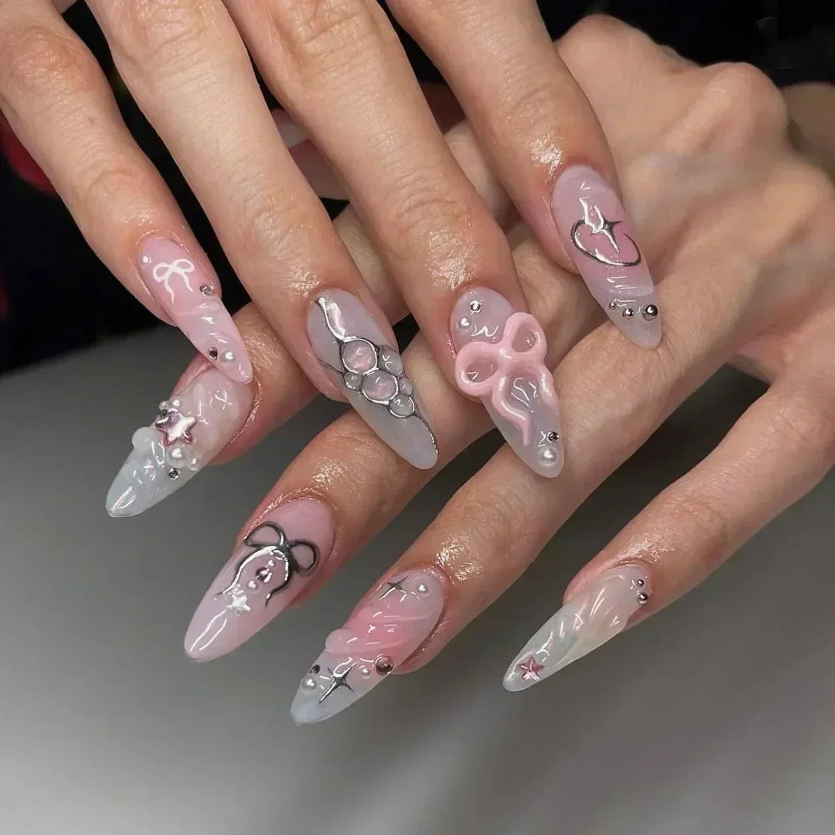 Aiertu 24Pcs Pink Almond French Press on Nails With 3D Bow ripple charms Design Fake Nails Ballerina False Nails Full Cover Nail Tips Aiertu