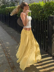 Aiertu  -  Slim Drawstring Pleated Long Skirt For Women Elastic Waist Solid Color High Waist Fashion Patchwork Female Long Skirt Aiertu