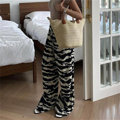 Aiertu  -  -Y2K Pants Women Zebra Print Knit Wide Leg Pants Streetwear Drawstring Elastic Straight Trousers Casual All Match Chic Outfits Aiertu