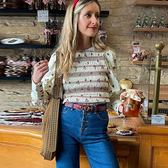 Aiertu  -  Print Pleated Women Shirt Bohemian Long Flare Sleeve Female Shirts 2025 Elegant O Neck Spring  A Line Patchwork Lady Blouse Aiertu