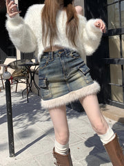 Aiertu  -  Faux Fur Patchwork Denim Mini Skirt Women Vintage High Rise Do Old Star Rivets Pockets Cargo Skirt Snow Winter Clothes Aiertu