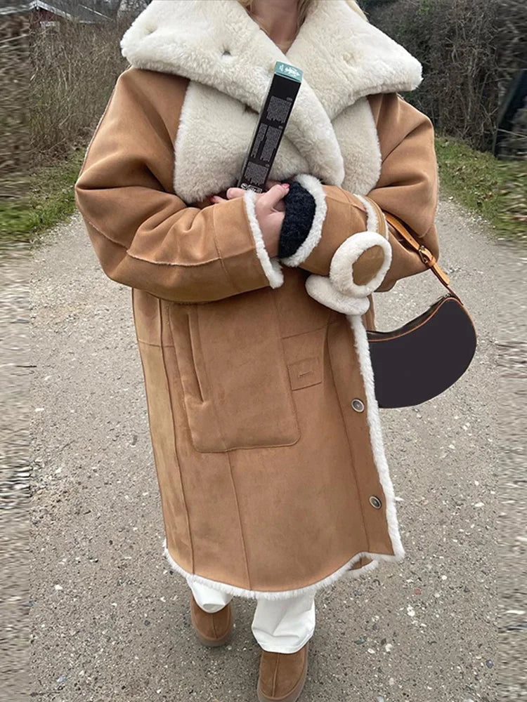 Aiertu  -  layered look inspo Vintage Patchwork Women Maxi Jacket Lapel Lamb Wool Pocket Lady Coat Fashion Full Sleeve Autumn Warm Thicken Female Top Aiertu