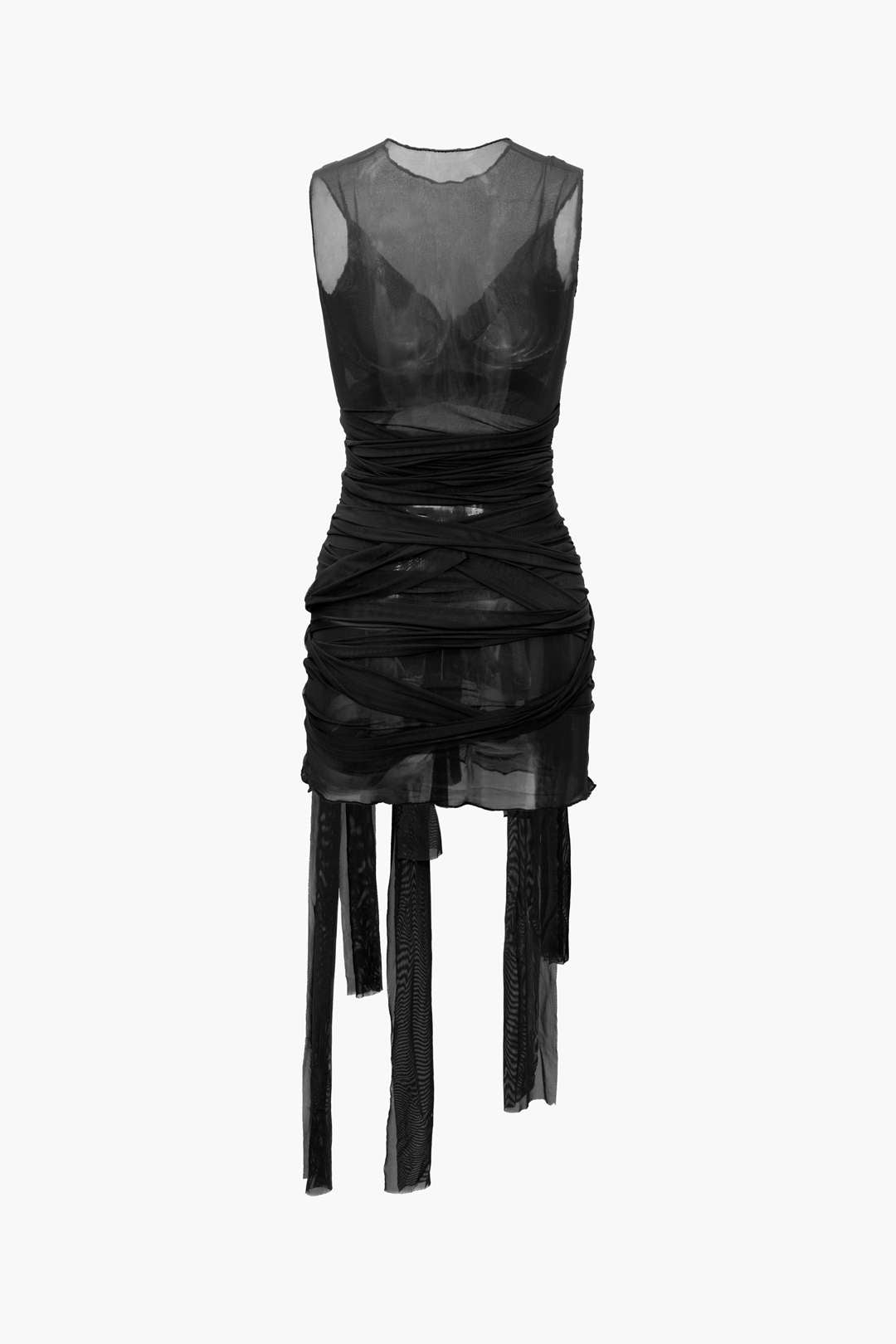 Aiertu  Sheer Mesh Wrap Tie Ribbon Mini Dress Aiertu
