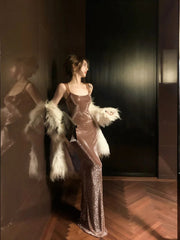 Aiertu  -  Glitter Crystal-embellished Evening Dress Women Maxi Long Open Back Sleeveless Stretchy Bodycon Dress Prom Party Gown Aiertu